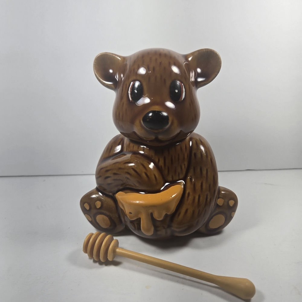 Vintage Ceramic Bear Honey Pot With Dipping Stick
